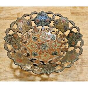VTG India Brass Enamel Cut Out  8” Pierced Pedestal Bowl With Scalloped Edge